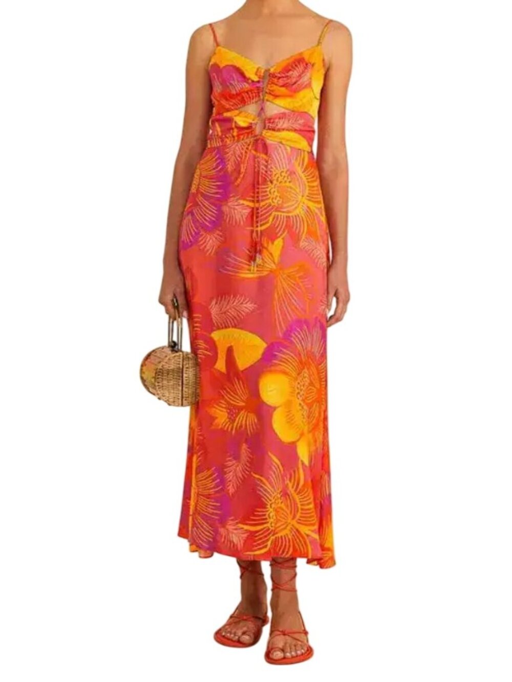 NWT Farm Rio Summer Garden Ombre Midi Dress L Pink Orange MSRP $255
